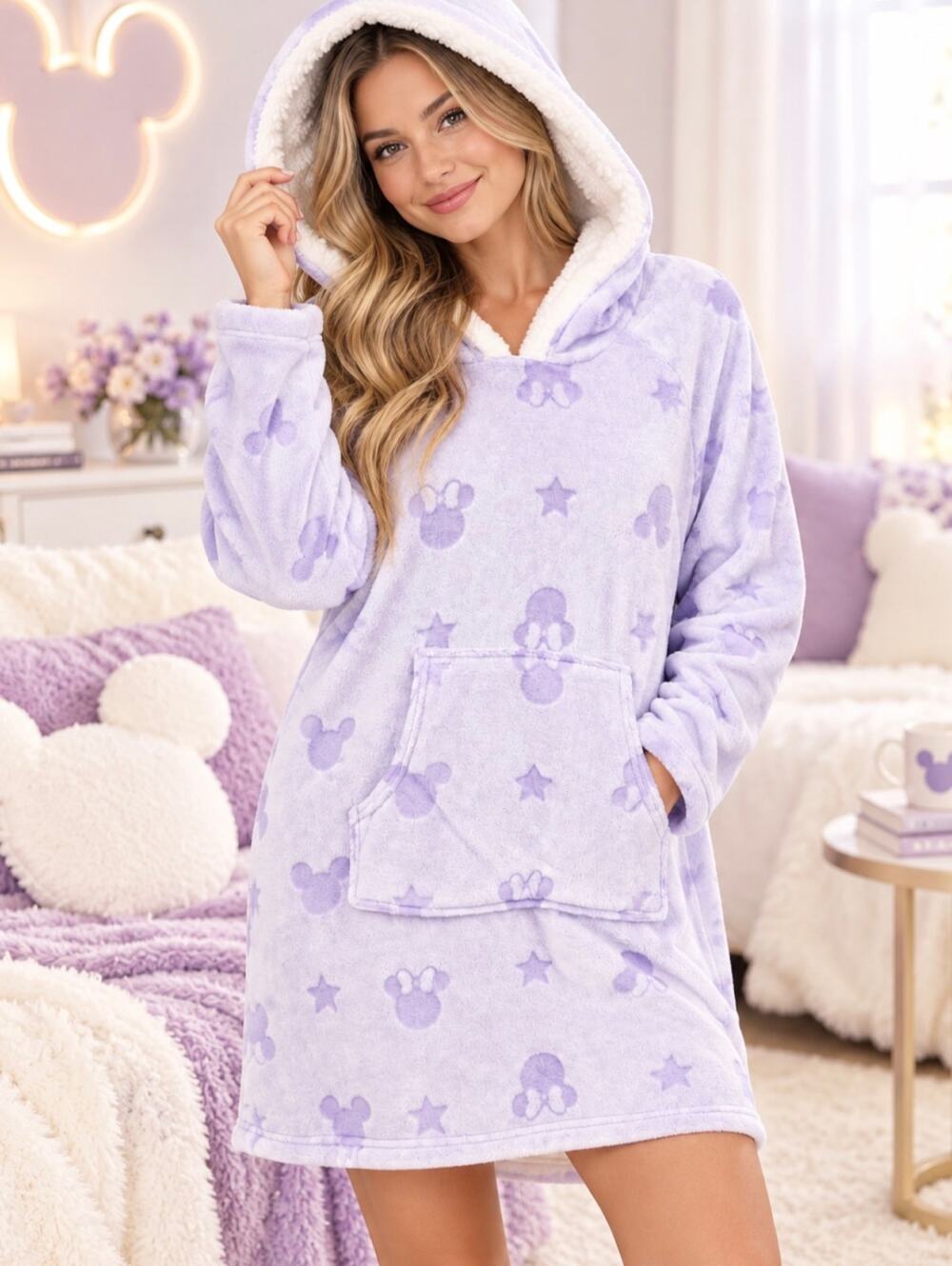 Disney Women’s Mickey Minnie Plush Hooded Lounge Robe Lavender Purple Size L